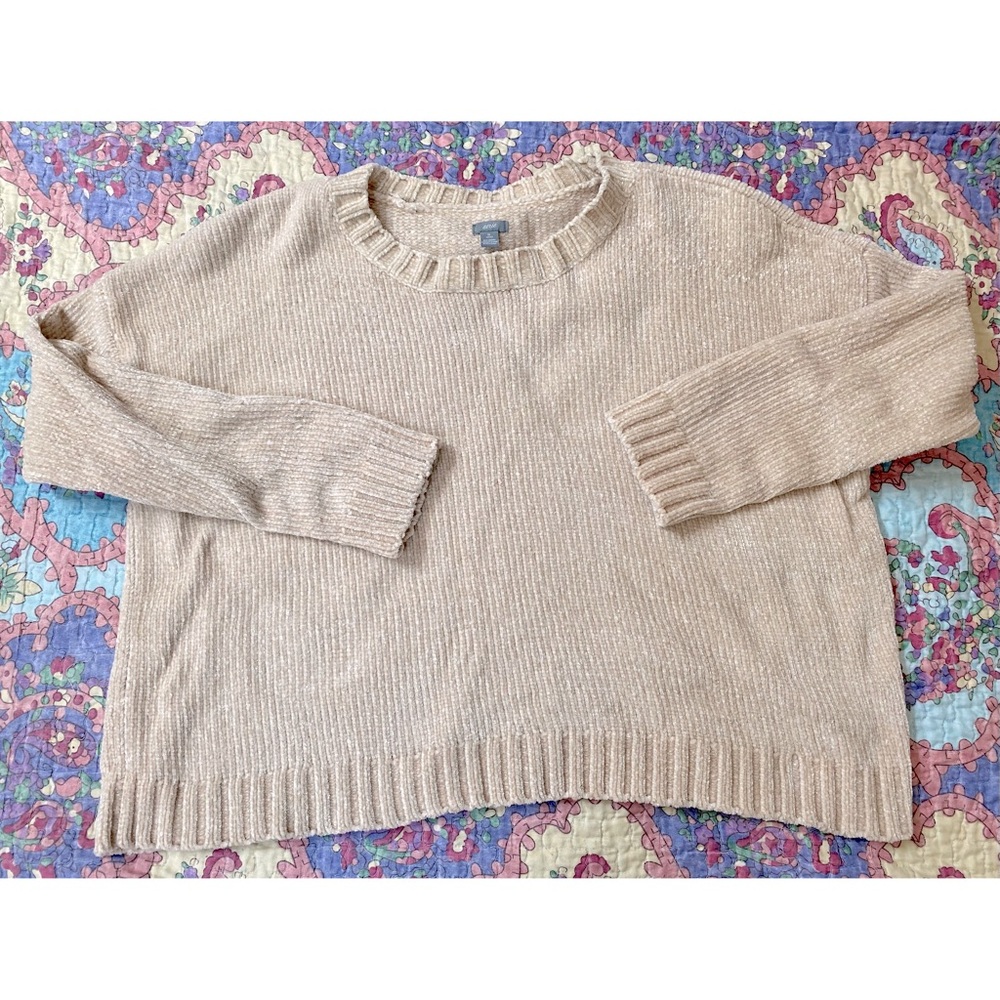 Aerie Cream Chenille Crew Neck Cropped Sweater